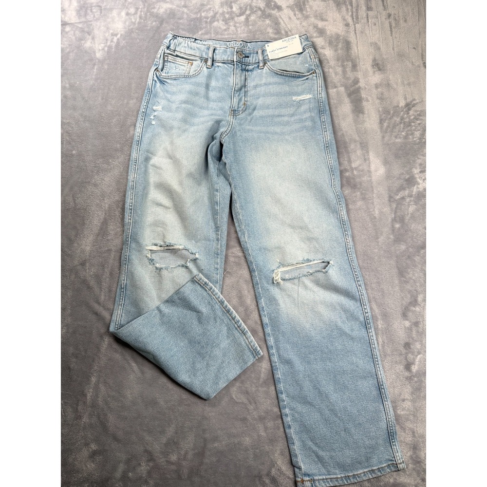 Arizona Curvy Straight Jeans Womens 6 Blue Distressed Denim Cotton High Rise